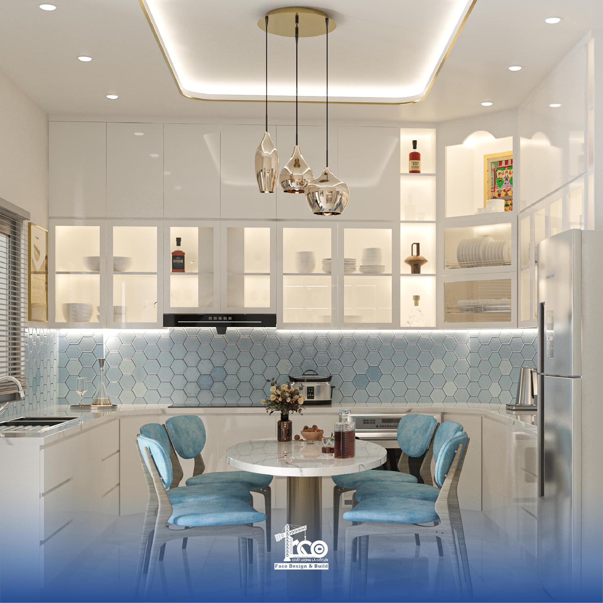 Thiết kế phòng bếp gam màu xanh ngọc bích ấn tượng Thiết kế phòng bếp gam màu xanh ngọc bích ấn tượng