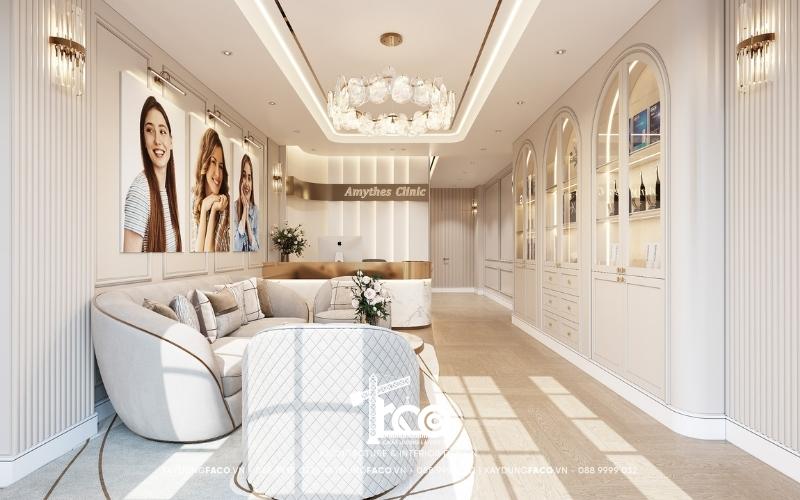 Mẫu thiết kế nha khoa đẹp phong cách tân cổ điển thanh lịch với các đường phào chỉ trần tường tinh tế