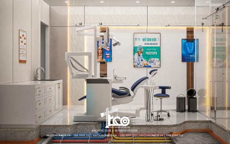 Chi tiết bản vẽ thiết kế 3D nha khoa lột tả hệ thống đường ống ngầm dưới chân ghế điều trị.