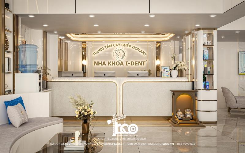 Khu vực quầy lễ tân hiện đại và thu hút trong bản vẽ thiết kế 3D nha khoa hoàn chỉnh