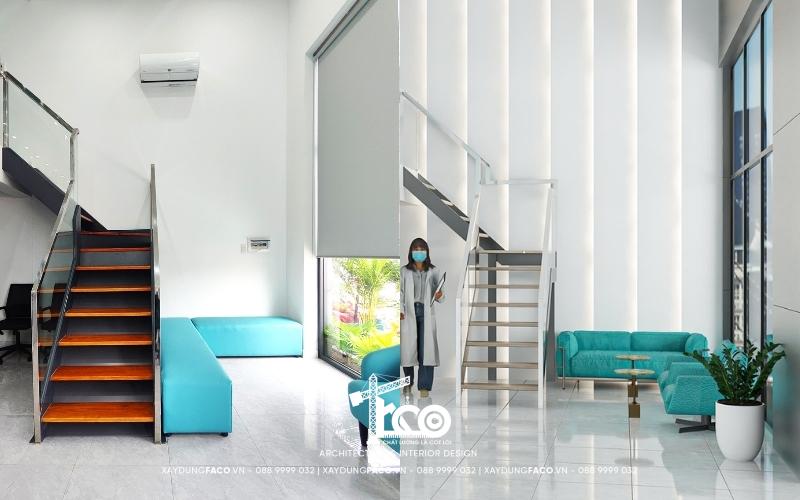 Khu vực sảnh chờ tiện nghi được hiện thực hóa dựa trên bản thiết kế 3D nha khoa của Sunny Dental