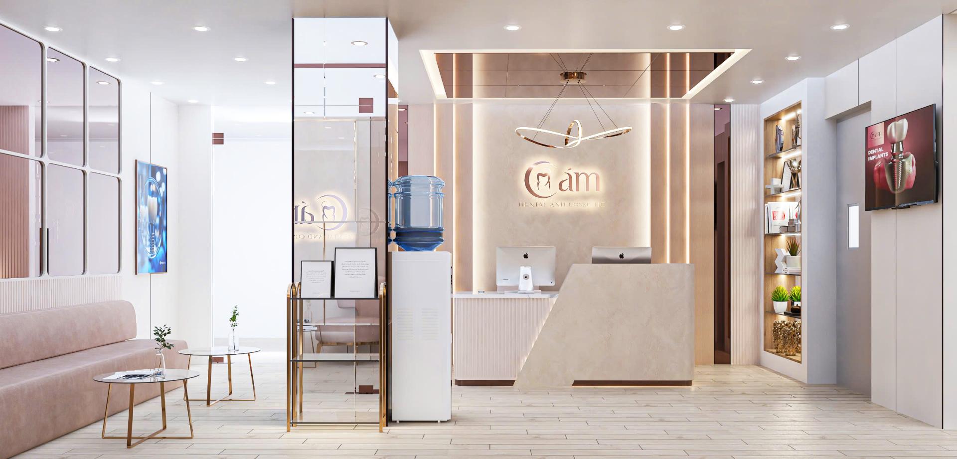 Ý Tưởng Thiết Kế Phòng Khám Răng Đẹp, Nâng Tầm Trải Nghiệm 2026 Thiết kế phòng khám răng đẹp tại sảnh chờ Nha Khoa Cám Dental