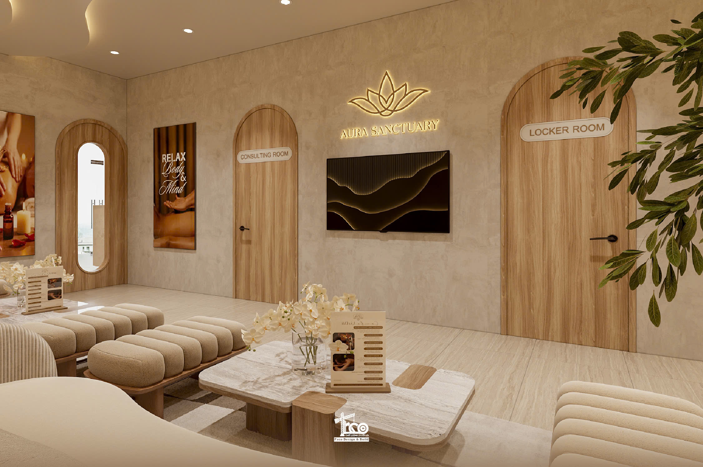 Review Thiết Kế 3D Aura Sanctuary Spa – Dòng Chảy Chữa Lành Nơi Không Gian Tĩnh Lặng Khu vực tư vấn nổi bật với bộ sofa êm ái