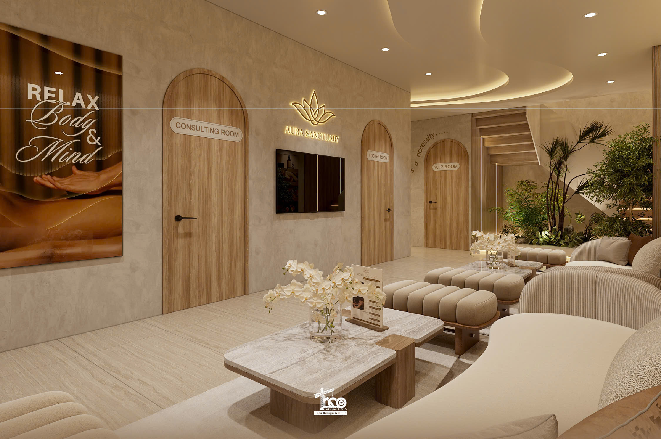 Review Thiết Kế 3D Aura Sanctuary Spa – Dòng Chảy Chữa Lành Nơi Không Gian Tĩnh Lặng Các cửa phòng trong dự án Aura Sanctuary sử dụng dáng vòm bo tròn phía trên