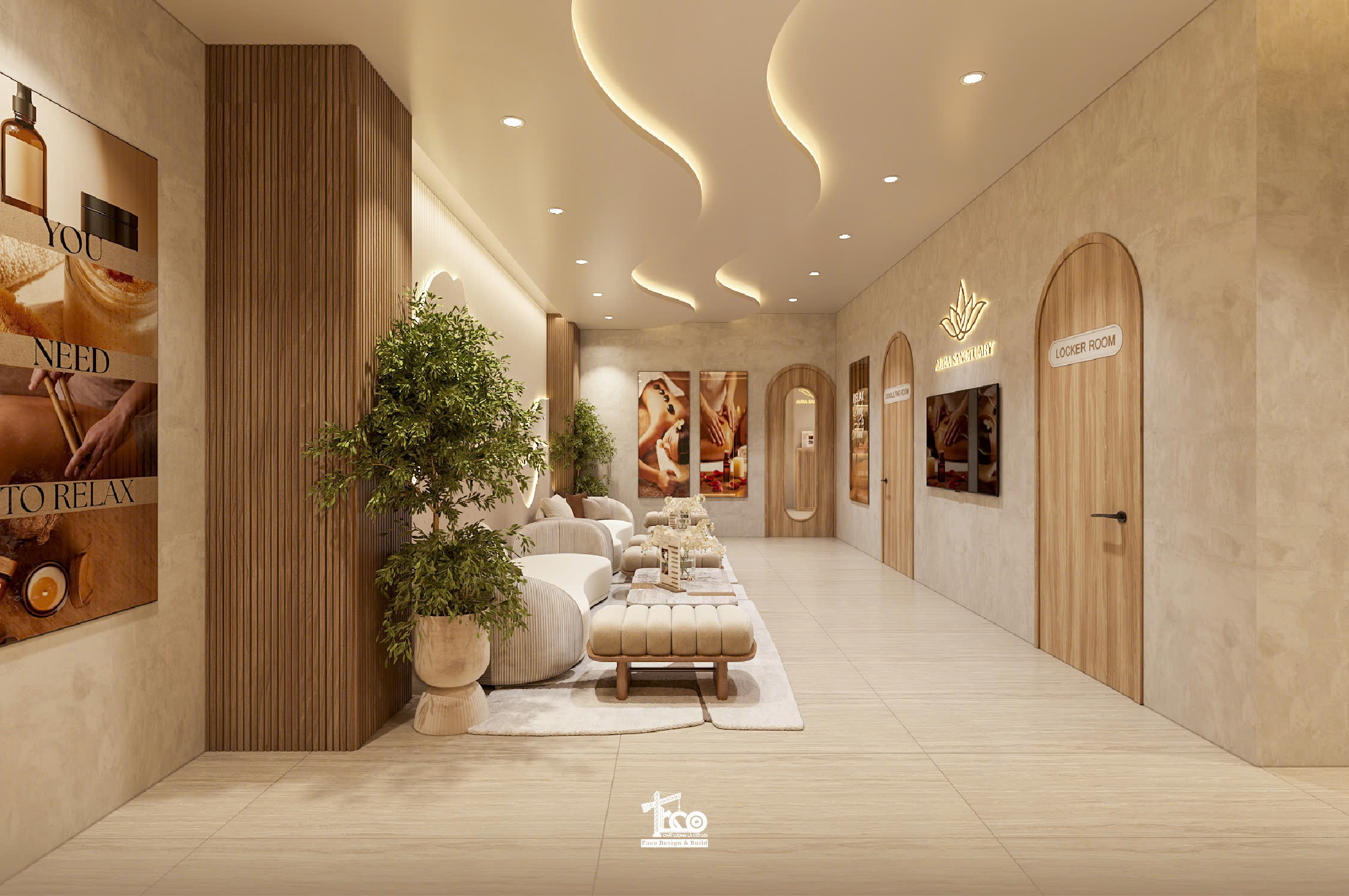Review Thiết Kế 3D Aura Sanctuary Spa – Dòng Chảy Chữa Lành Nơi Không Gian Tĩnh Lặng Trần cong tạo cảm giác mềm mại