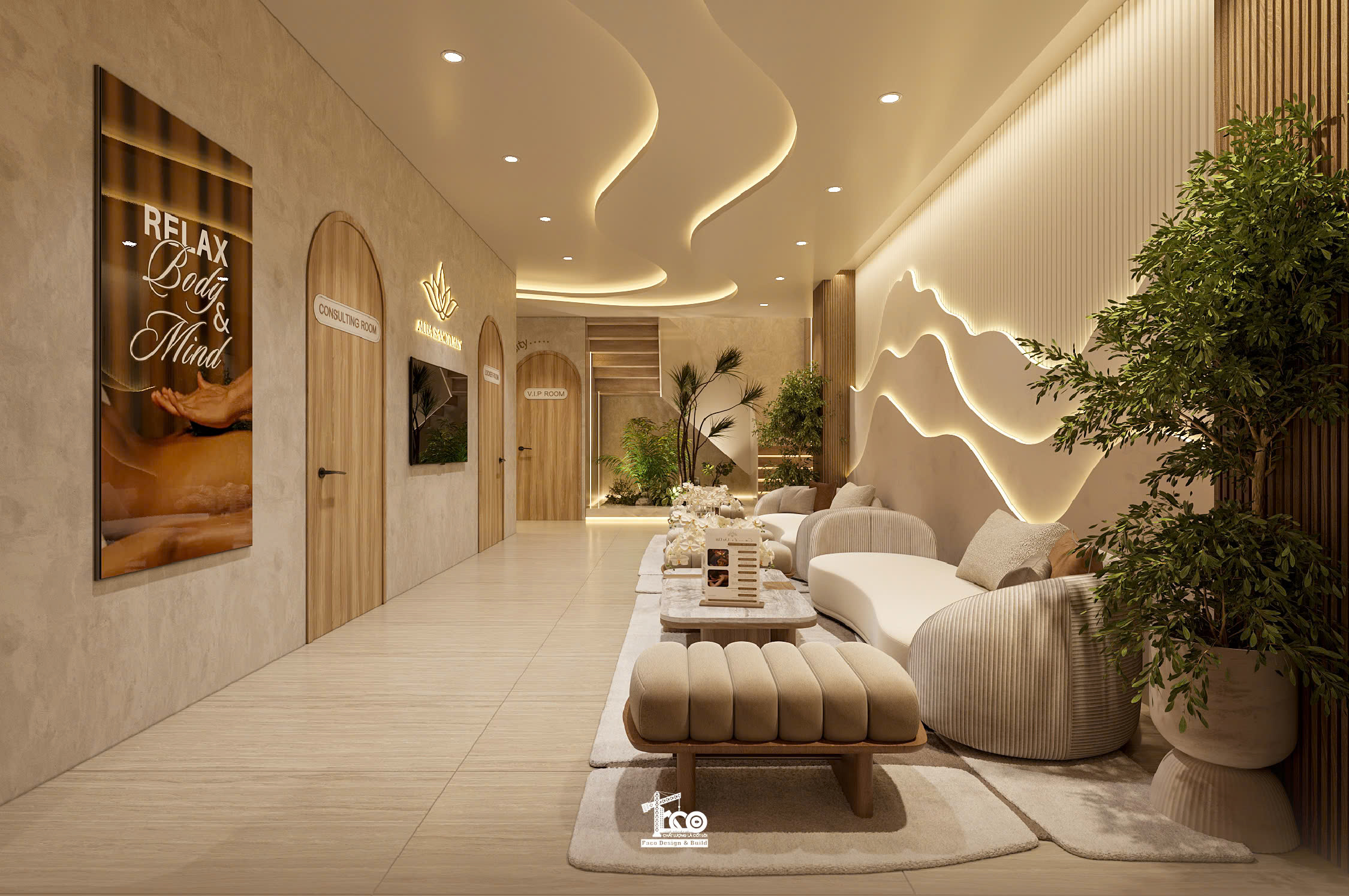 Review Thiết Kế 3D Aura Sanctuary Spa – Dòng Chảy Chữa Lành Nơi Không Gian Tĩnh Lặng Vách tường uốn lượn mô phỏng những đường nét tự nhiên