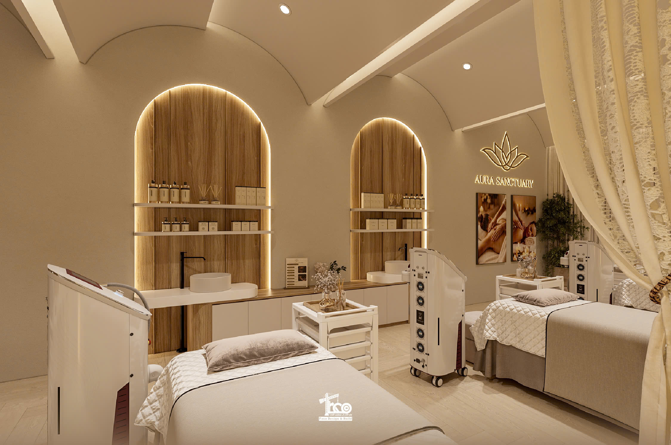Review Thiết Kế 3D Aura Sanctuary Spa – Dòng Chảy Chữa Lành Nơi Không Gian Tĩnh Lặng Không gian phòng điều trị chuyên sâu ấm cúng