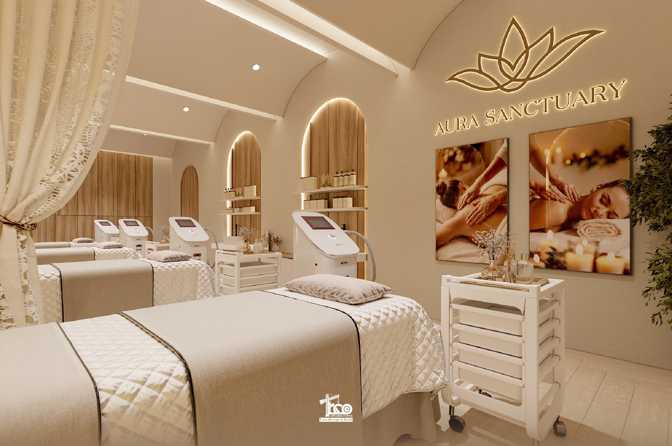 Review Thiết Kế 3D Aura Sanctuary Spa – Dòng Chảy Chữa Lành Nơi Không Gian Tĩnh Lặng Mỗi giường được tổ thức thành một "module" đặc biệt