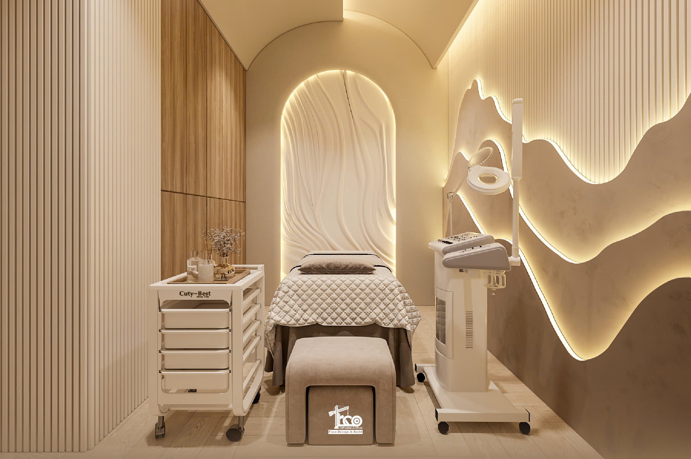 Review Thiết Kế 3D Aura Sanctuary Spa – Dòng Chảy Chữa Lành Nơi Không Gian Tĩnh Lặng Hệ thống đèn LED hắt tạo hiệu ứng nổi khối