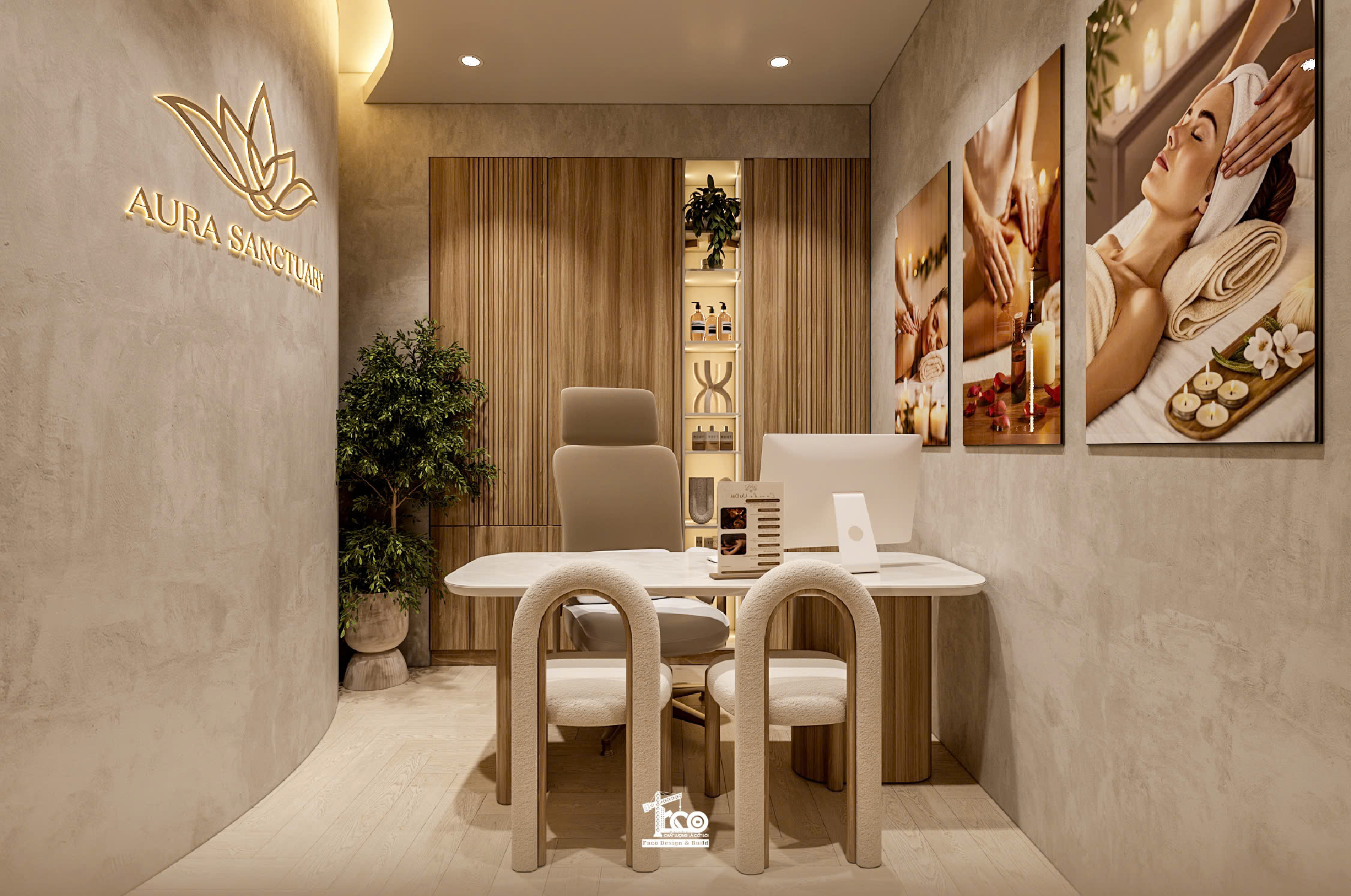 Review Thiết Kế 3D Aura Sanctuary Spa – Dòng Chảy Chữa Lành Nơi Không Gian Tĩnh Lặng Đèn LED âm tạo hiệu ứng chiều sâu cho spa