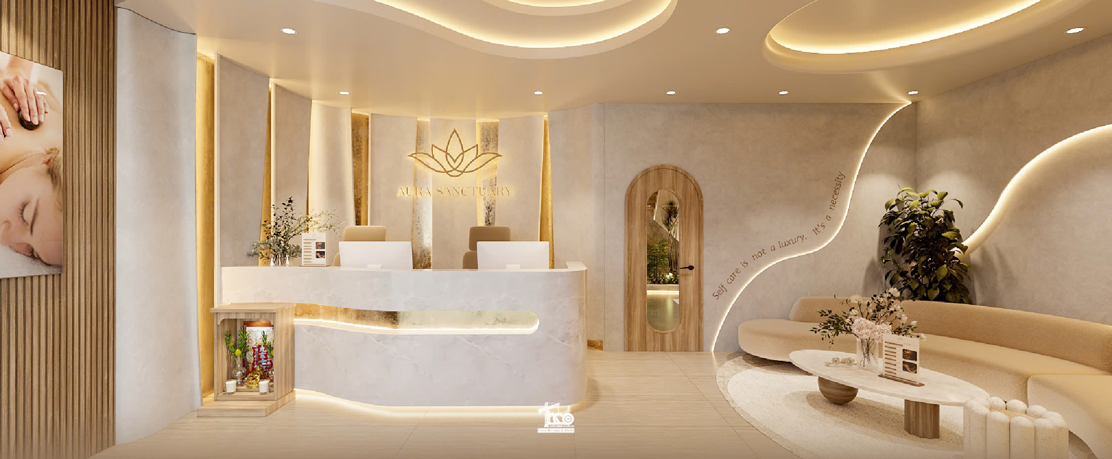 Review Thiết Kế 3D Aura Sanctuary Spa – Dòng Chảy Chữa Lành Nơi Không Gian Tĩnh Lặng Khu lễ tân và sảnh chờ của spa Aura Sanctuary