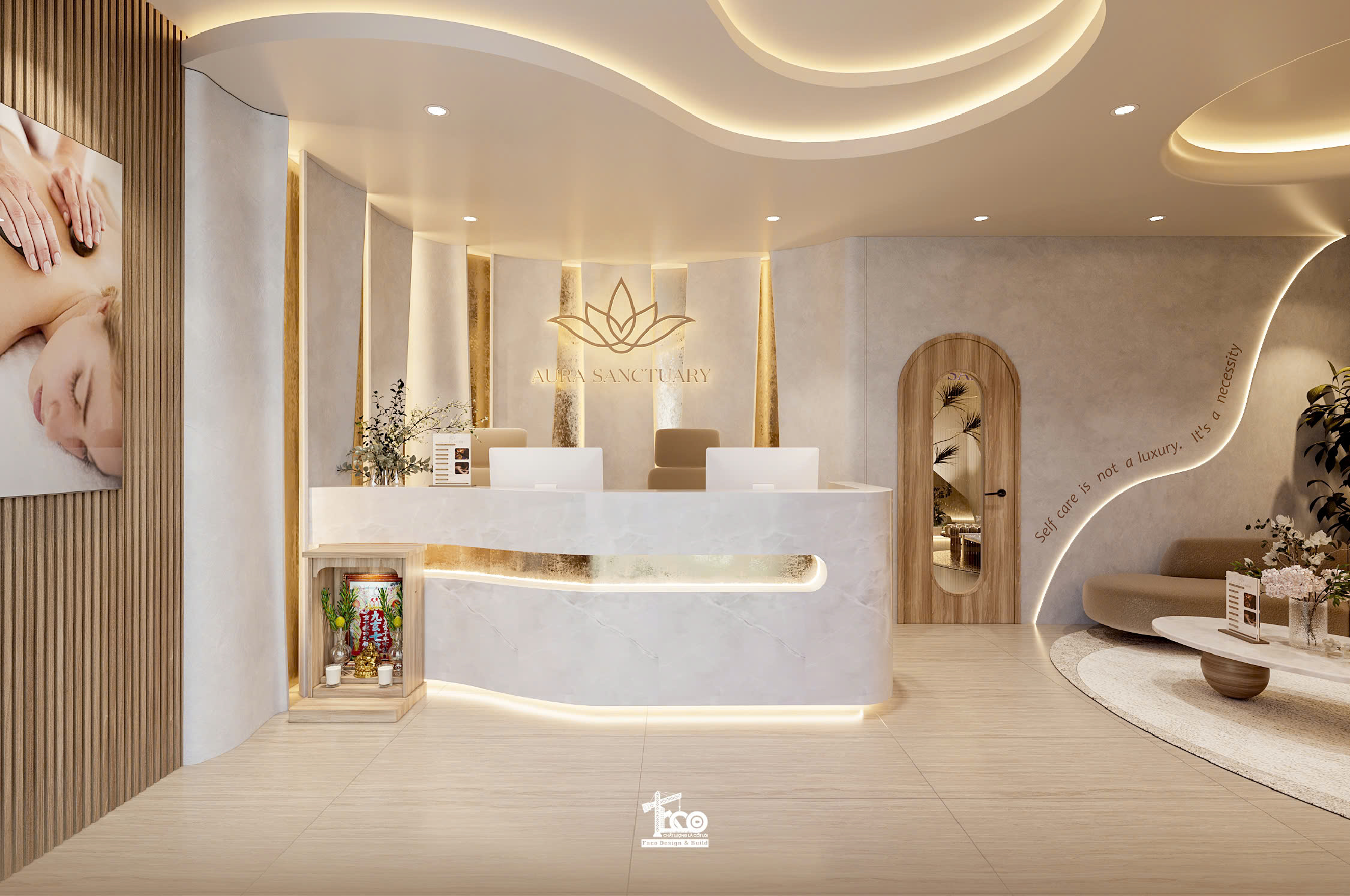 Review Thiết Kế 3D Aura Sanctuary Spa – Dòng Chảy Chữa Lành Nơi Không Gian Tĩnh Lặng Thiết kế khu vực lễ tân Aura Sanctuary spa
