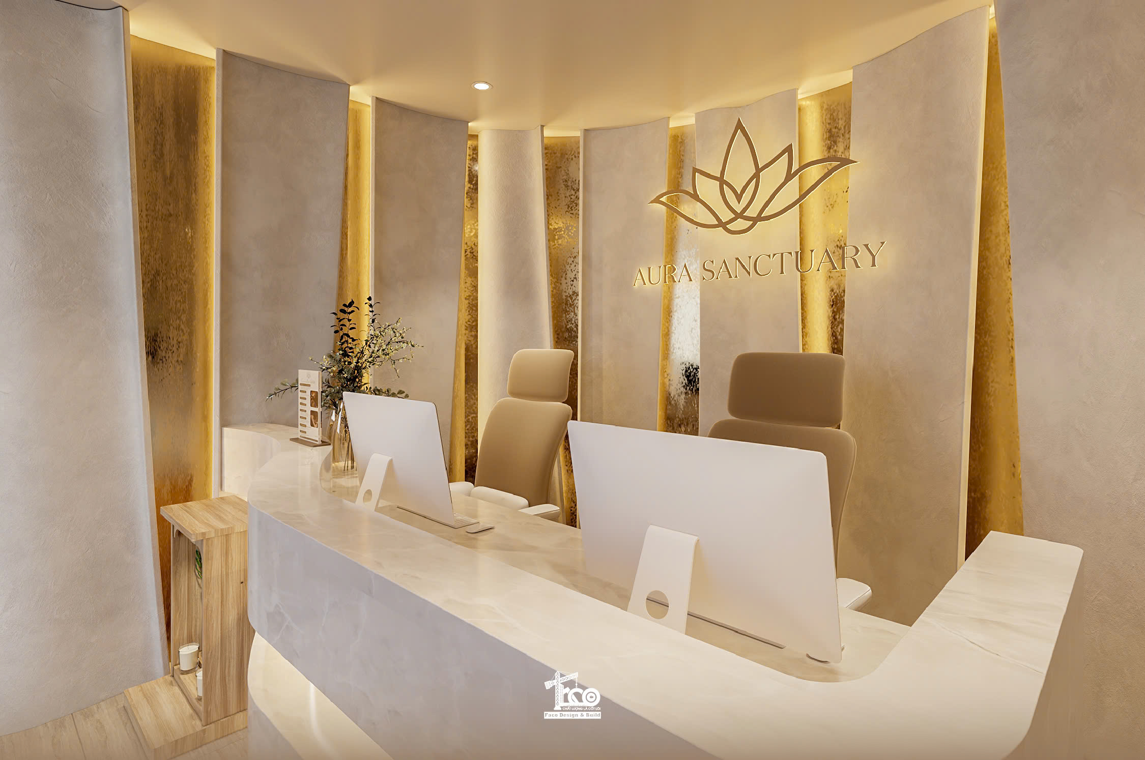 Review Thiết Kế 3D Aura Sanctuary Spa – Dòng Chảy Chữa Lành Nơi Không Gian Tĩnh Lặng Hệ ánh sáng khu vực lễ tân spa