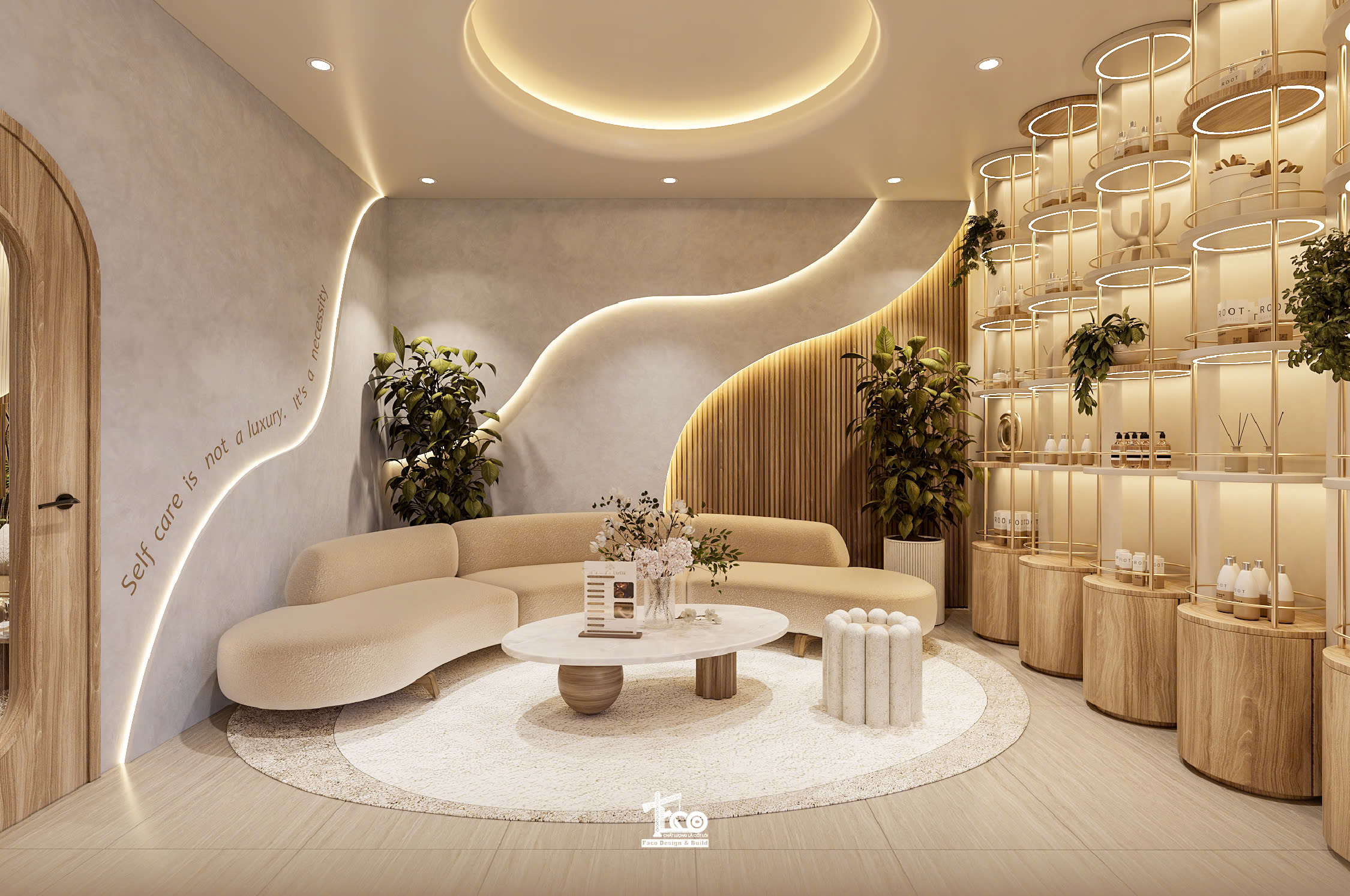 Review Thiết Kế 3D Aura Sanctuary Spa – Dòng Chảy Chữa Lành Nơi Không Gian Tĩnh Lặng Hệ thống chiếu sáng sảnh chờ spa