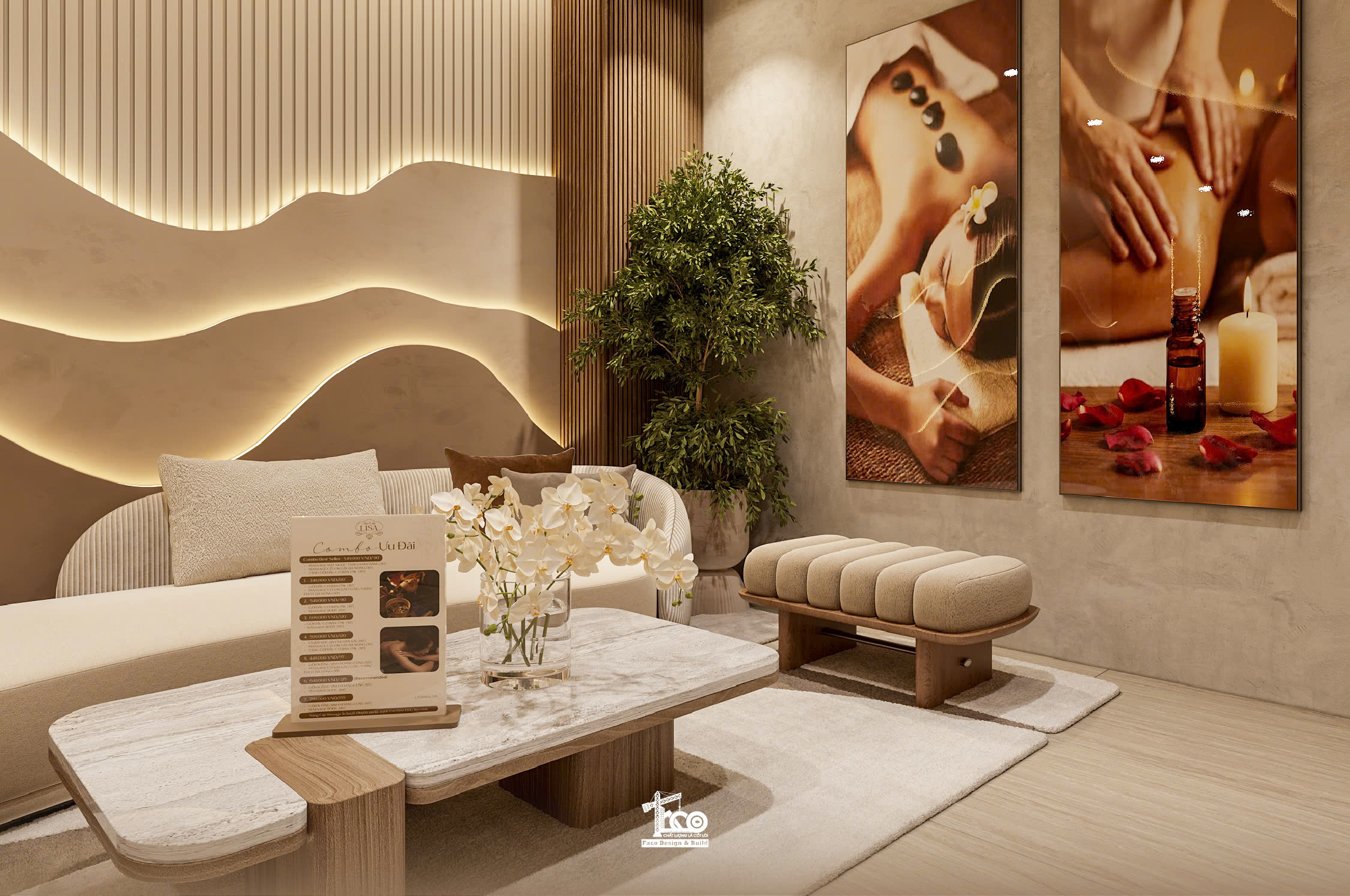 Review Thiết Kế 3D Aura Sanctuary Spa – Dòng Chảy Chữa Lành Nơi Không Gian Tĩnh Lặng Không gian ấm cúng, xoa dịu thị giác khách hàng