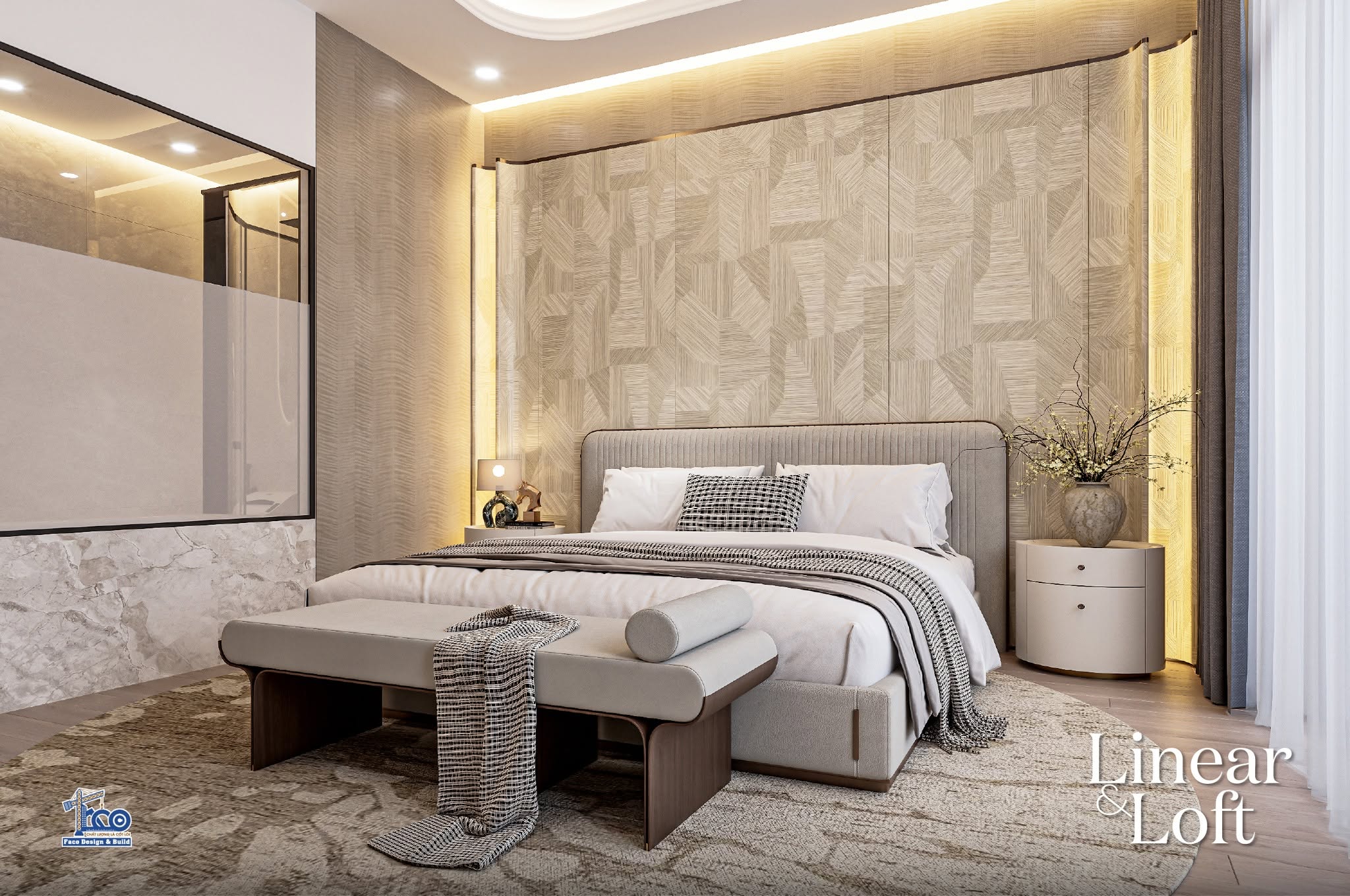 Linear & Loft – Nội Thất Nhà Phố Đà Lạt Sang Trọng, Tinh Tế Thiết kế phòng ngủ Master hiện đại kết hợp bồn tắm và vách kính cong