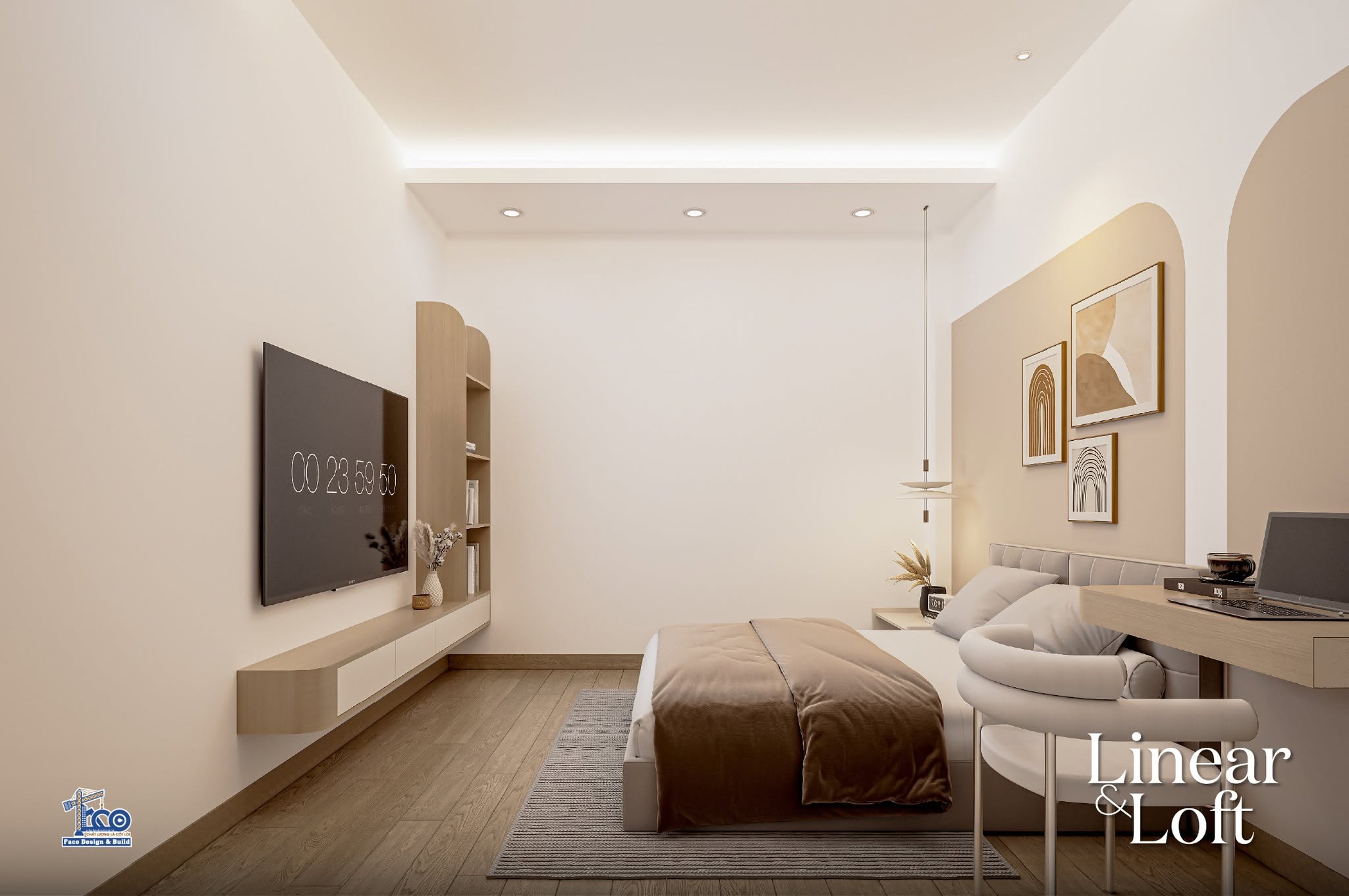 Linear & Loft – Nội Thất Nhà Phố Đà Lạt Sang Trọng, Tinh Tế Phòng ngủ tối giản cho nhà phố anh Tâm tại Đà Lạt