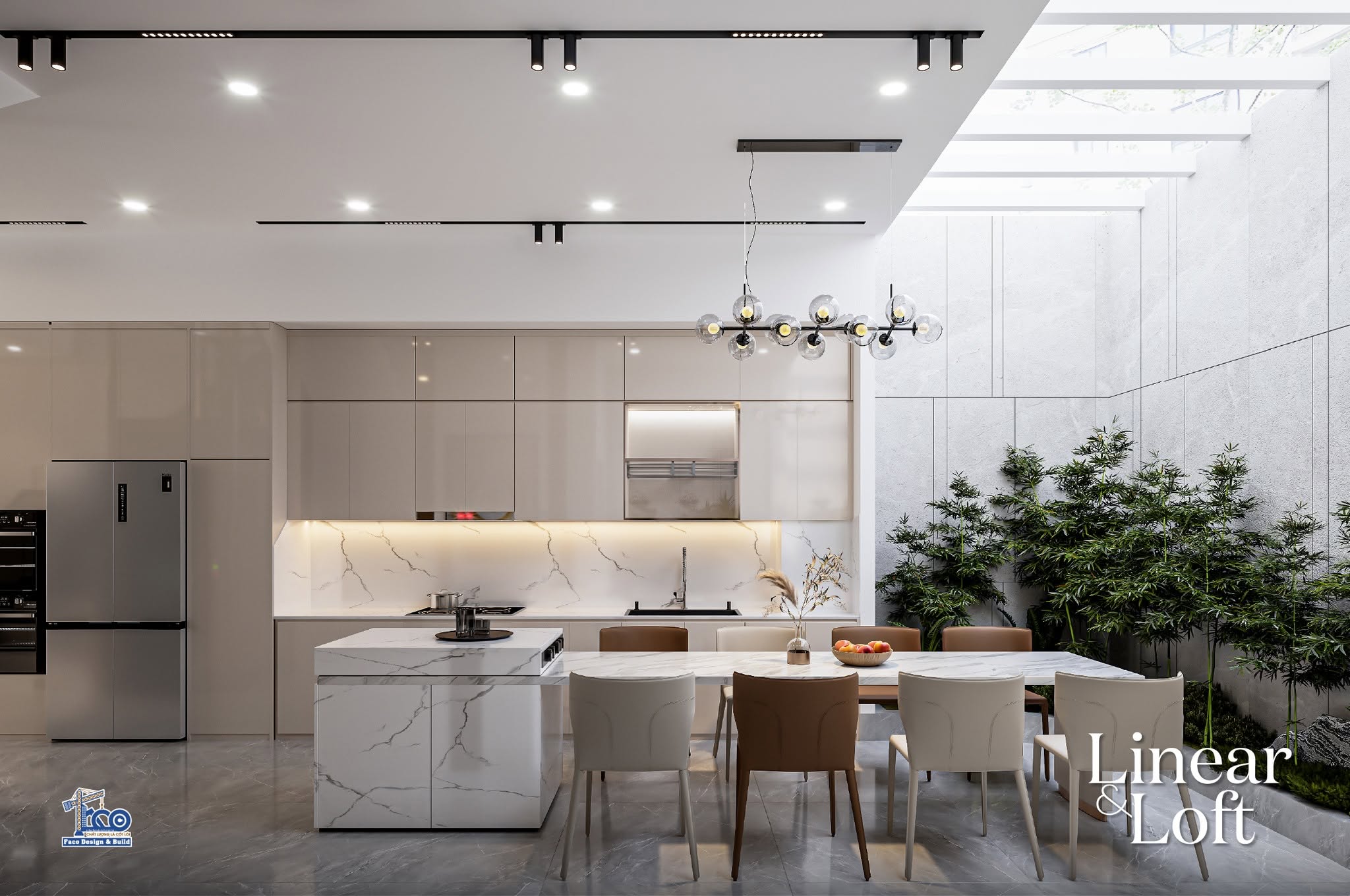 Linear & Loft – Nội Thất Nhà Phố Đà Lạt Sang Trọng, Tinh Tế Thiết kế phòng bếp nhà phố Đà Lạt kết hợp giếng trời xanh
