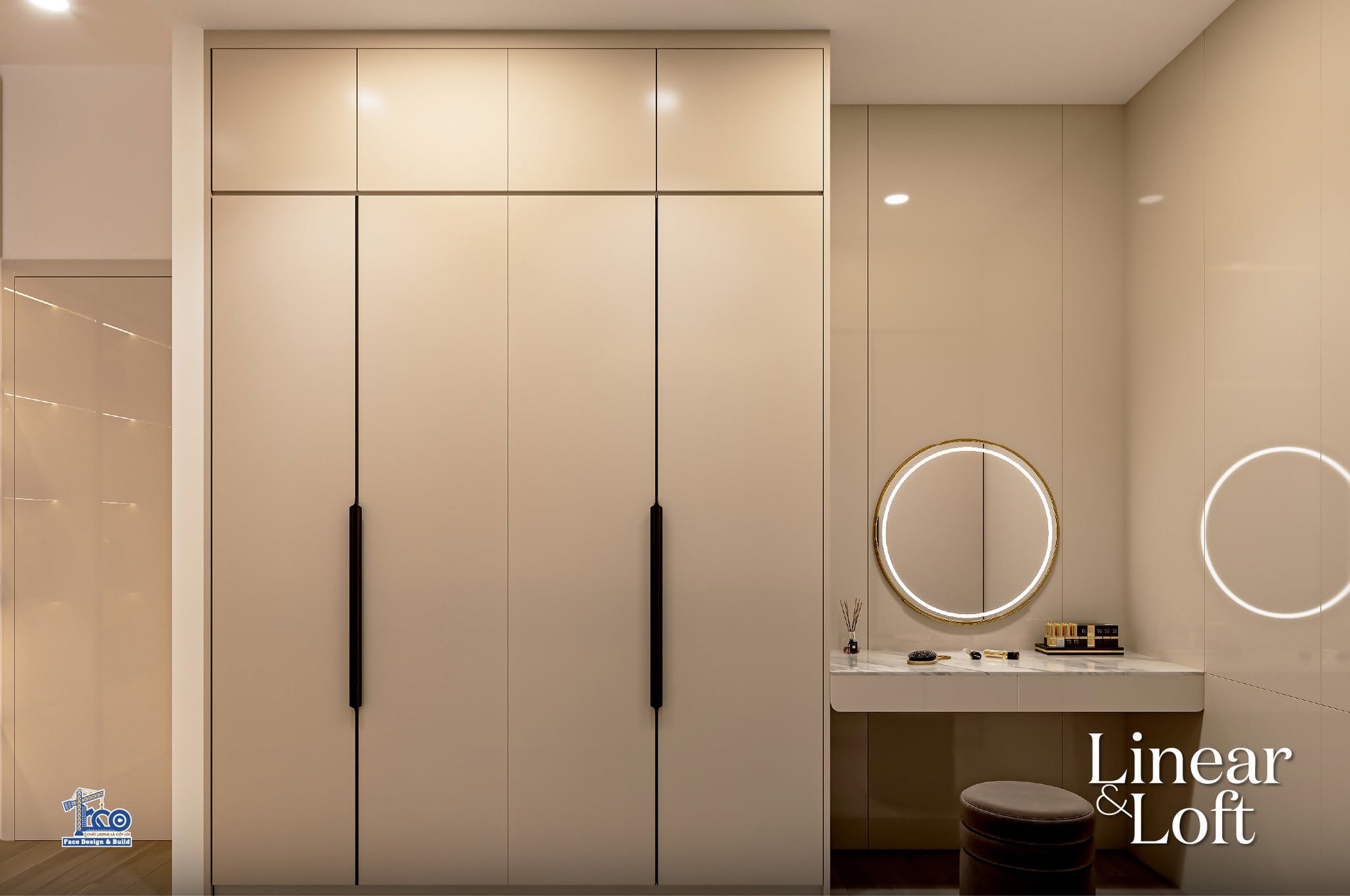 Linear & Loft – Nội Thất Nhà Phố Đà Lạt Sang Trọng, Tinh Tế Thiết kế tủ quần áo cao sát trần kết hợp cánh kính sang trọng