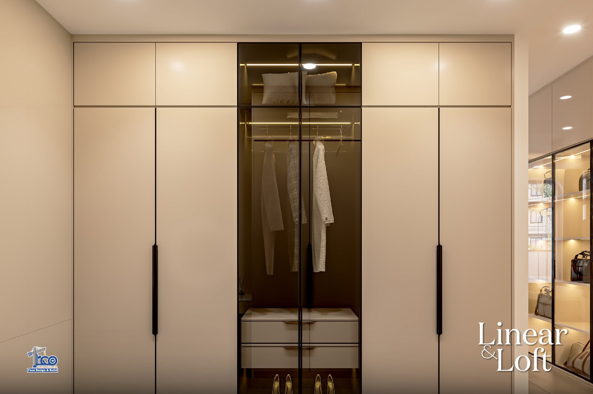 Linear & Loft – Nội Thất Nhà Phố Đà Lạt Sang Trọng, Tinh Tế Hệ tủ quần áo kịch trần tối ưu diện tích